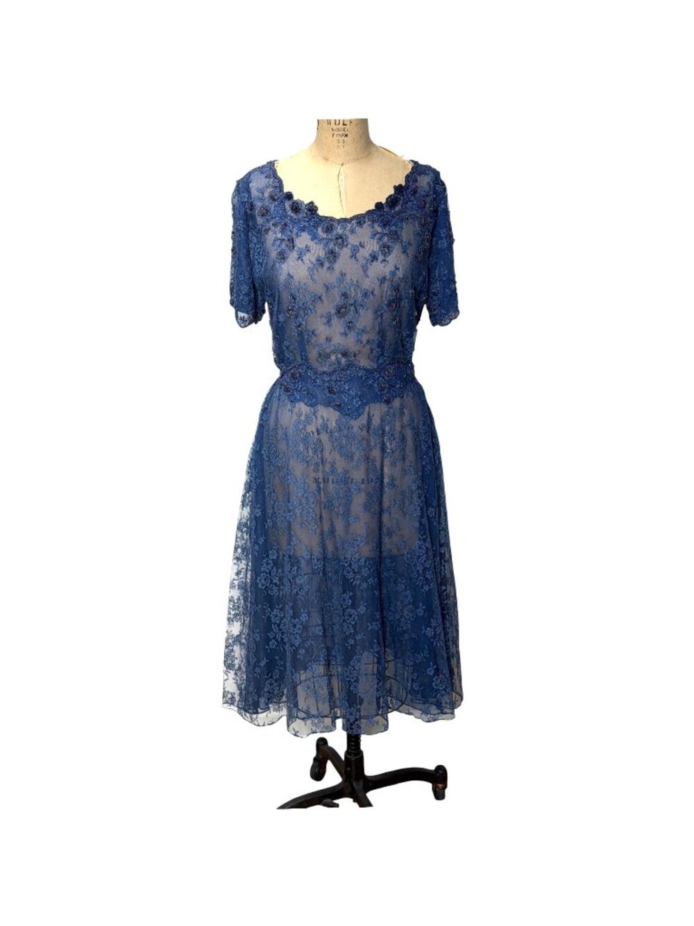 1950s blue lace dress with beaded accents Size L
